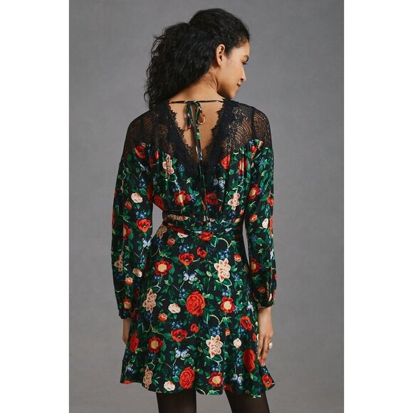 NWT Anthropologie Lacy V-Neck Mini Dress 8 Black Floral Long Sleeve Fit & Flare - Picture 4 of 12